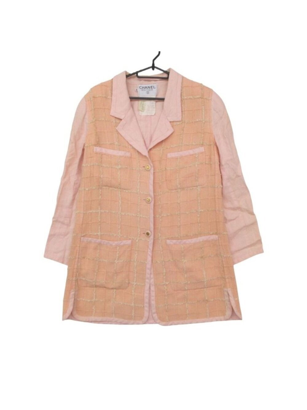 Chanel Tailored Jacket Linen Checker Tweed Outer CC Logo Button Shoulder